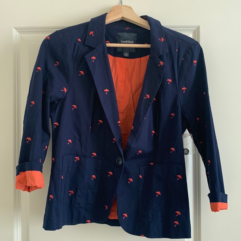 ModCloth navy blazer with umbrellas